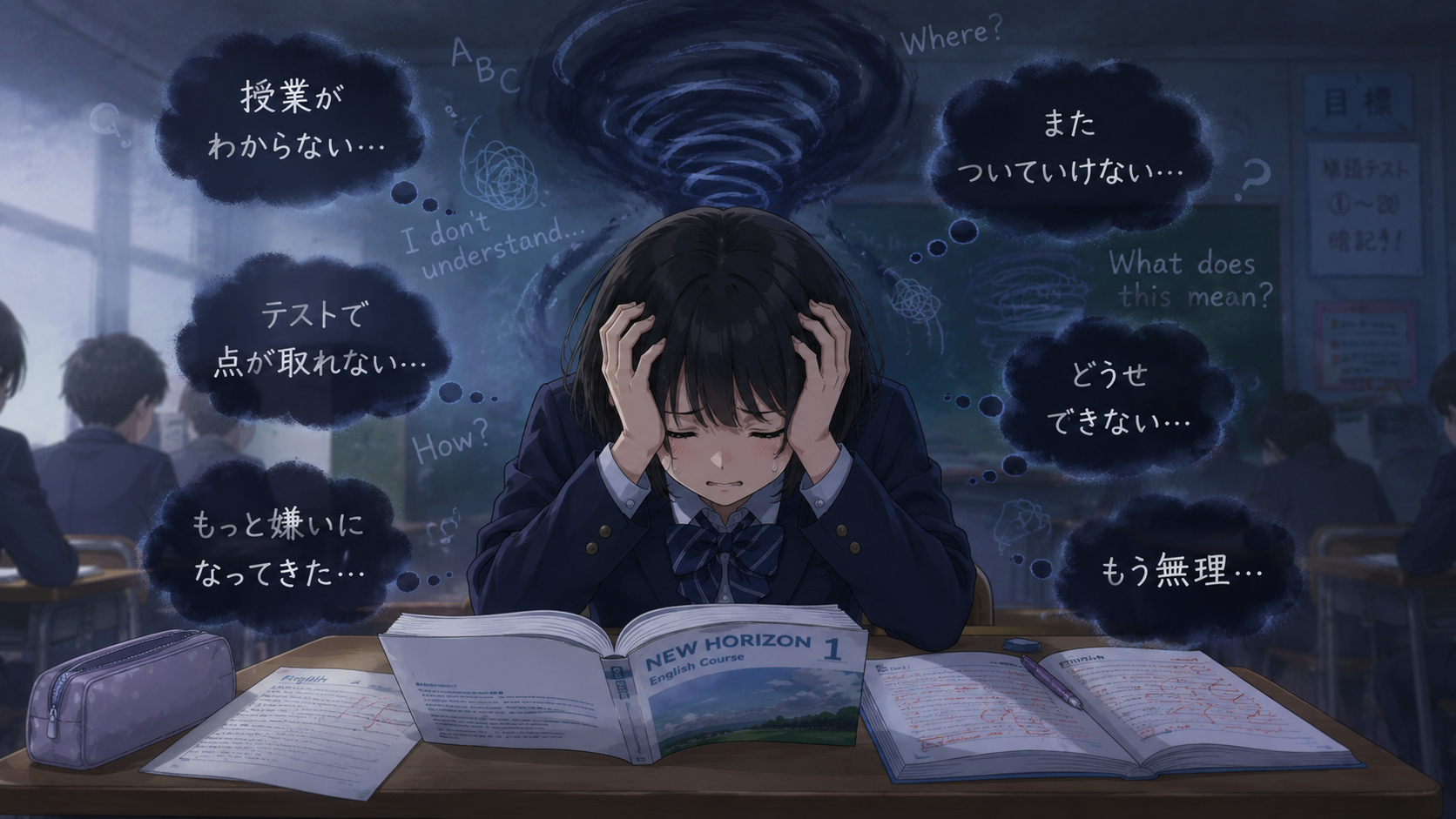 英語の悪循環のイラスト