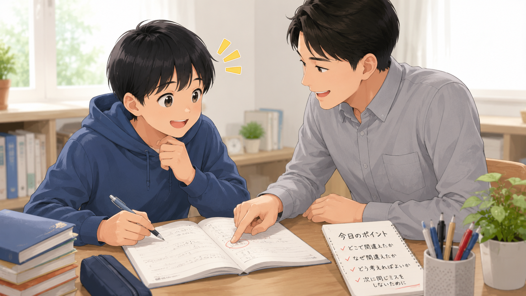 LEAFのマンツーマン指導でミスに向き合う様子を表すイラスト